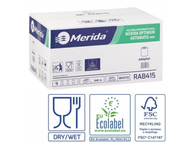 Ręczniki papierowe w roli z adaptorem MERIDA OPTIMUM AUTOMATIC MINI, białe, średnica 14,5 cm, długość 140 m, dwuwarstwowe, karton 6 rolek, ECOLABEL